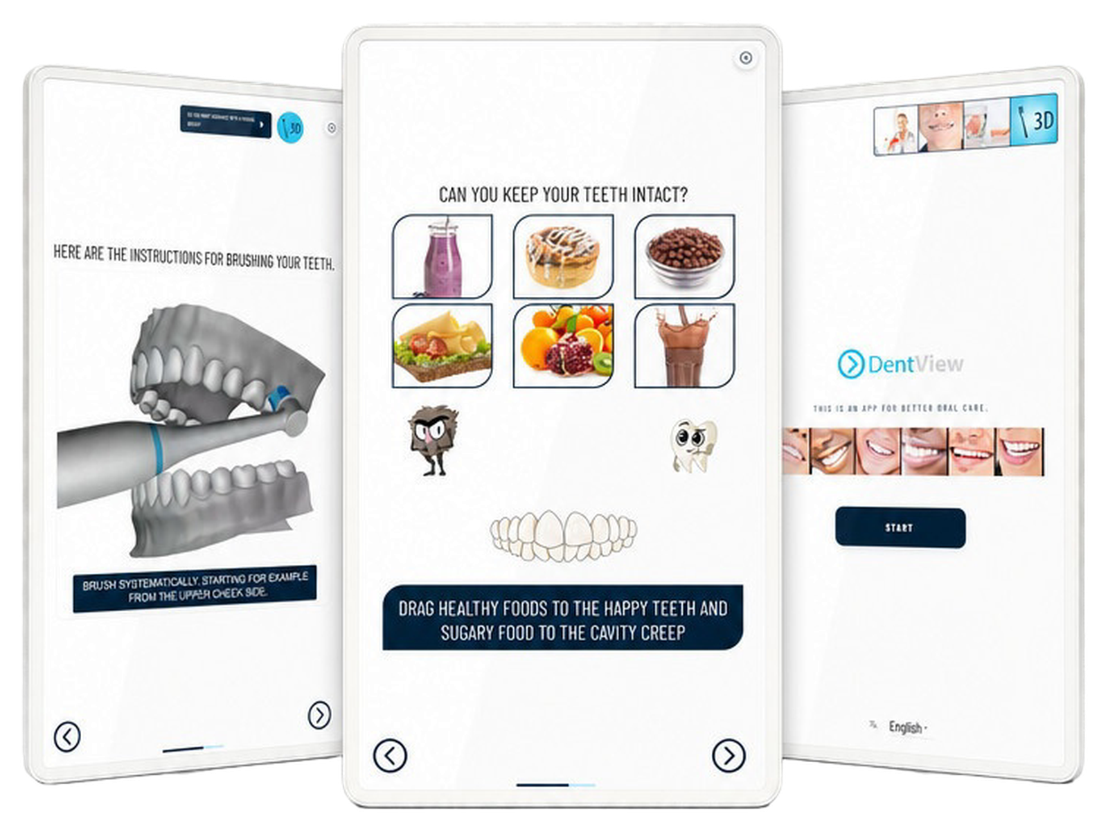 Three tablets showing DentView self-care guidance