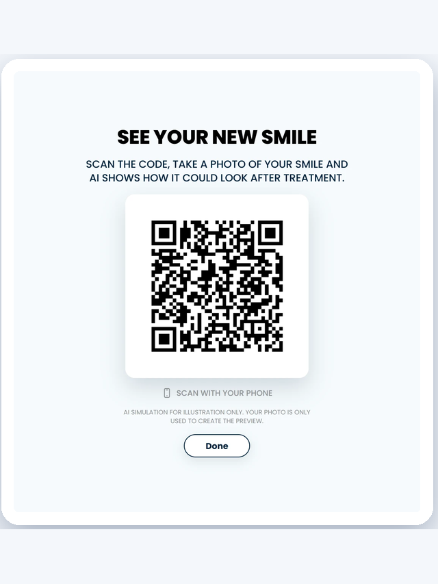 Smile Preview QR code on the screen and the before-and-after result on a patient's phone