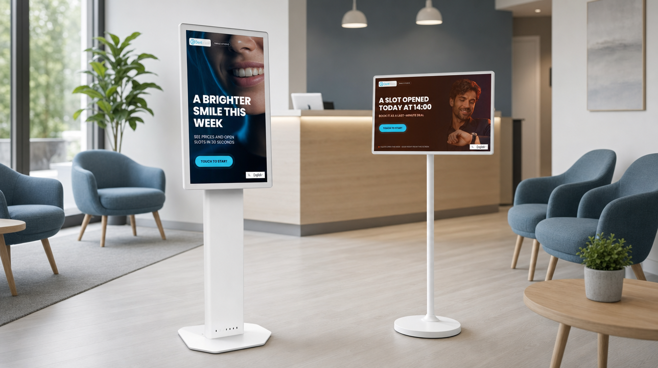 Portrait and landscape DentView screens in a dental practice waiting room